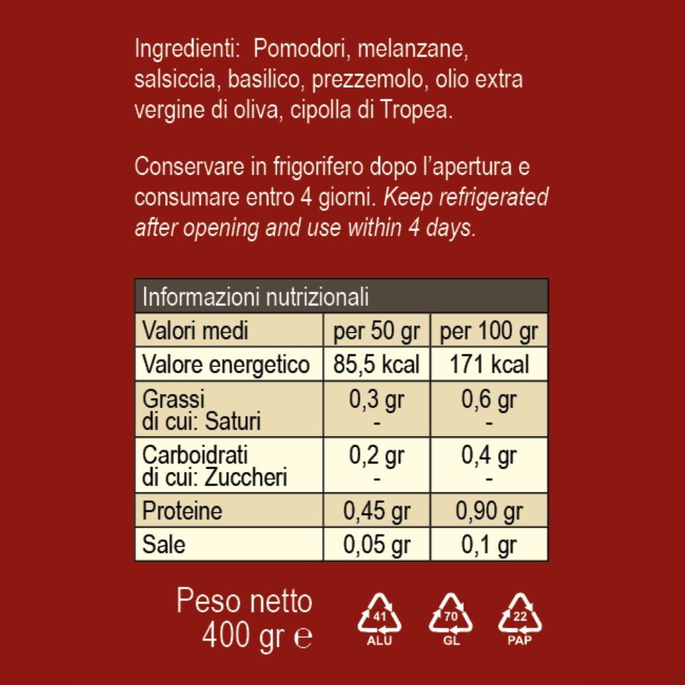 Sugo pronto salsiccia e melanzane